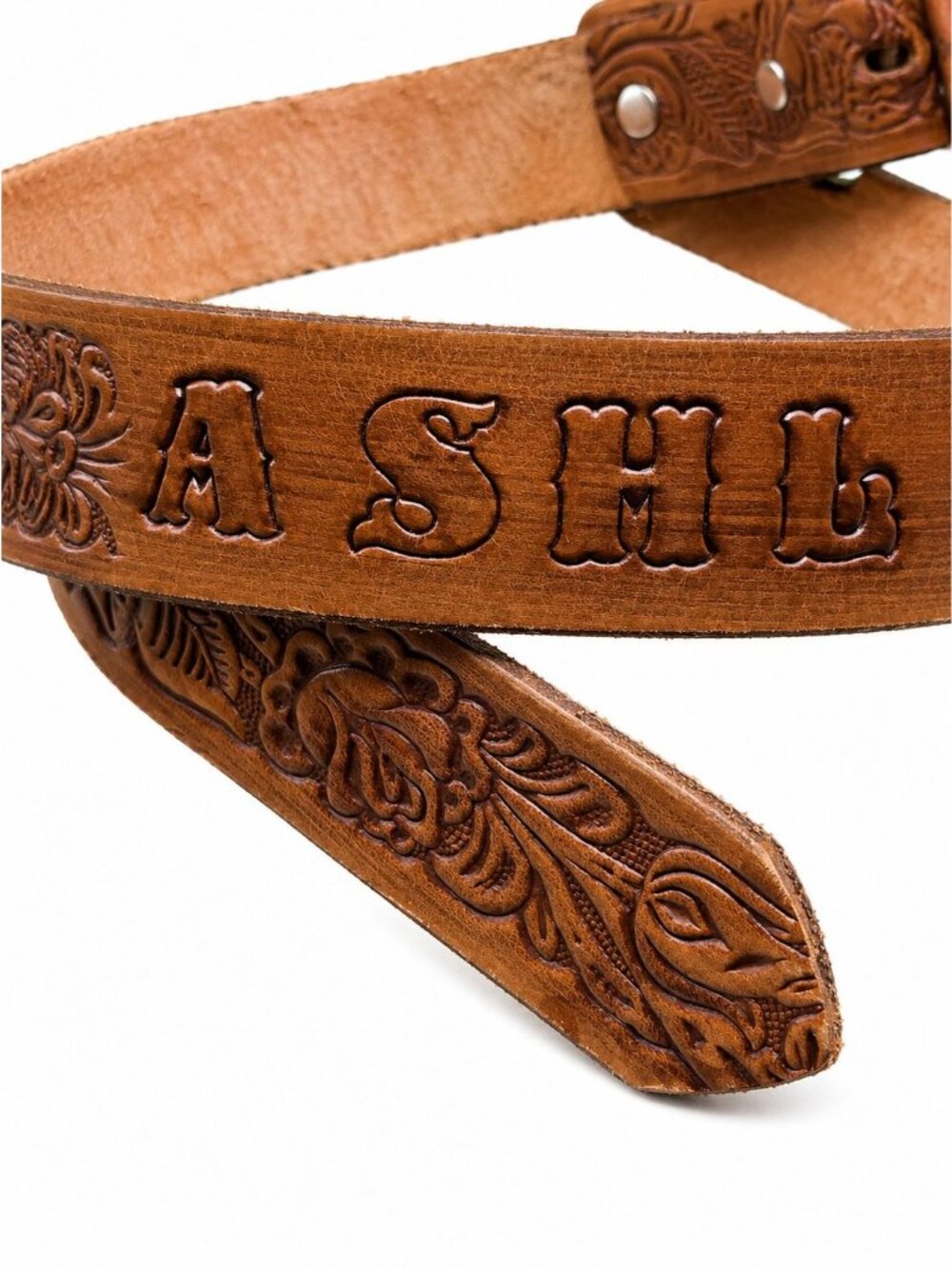 Hand Tooled Brown Leather Belt Western Rose Floral Marked "Ashleigh" Sz 34 - Picture 2 of 6